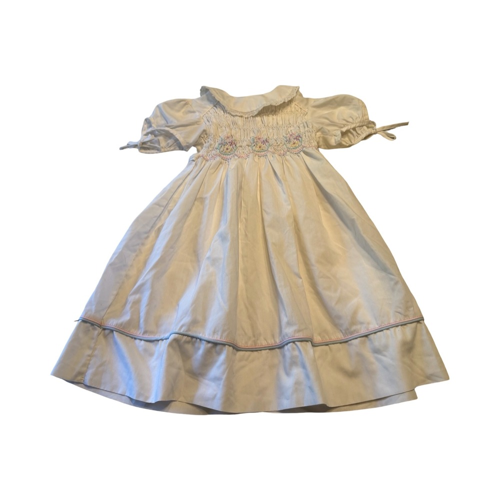 Vintage Polly Flinders Hand Smocked Floral Dress White Size 6 Peter Pan Collar